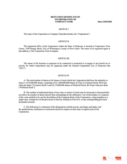 USA Delaware certificate of incorporation Word and PDF template, version 2